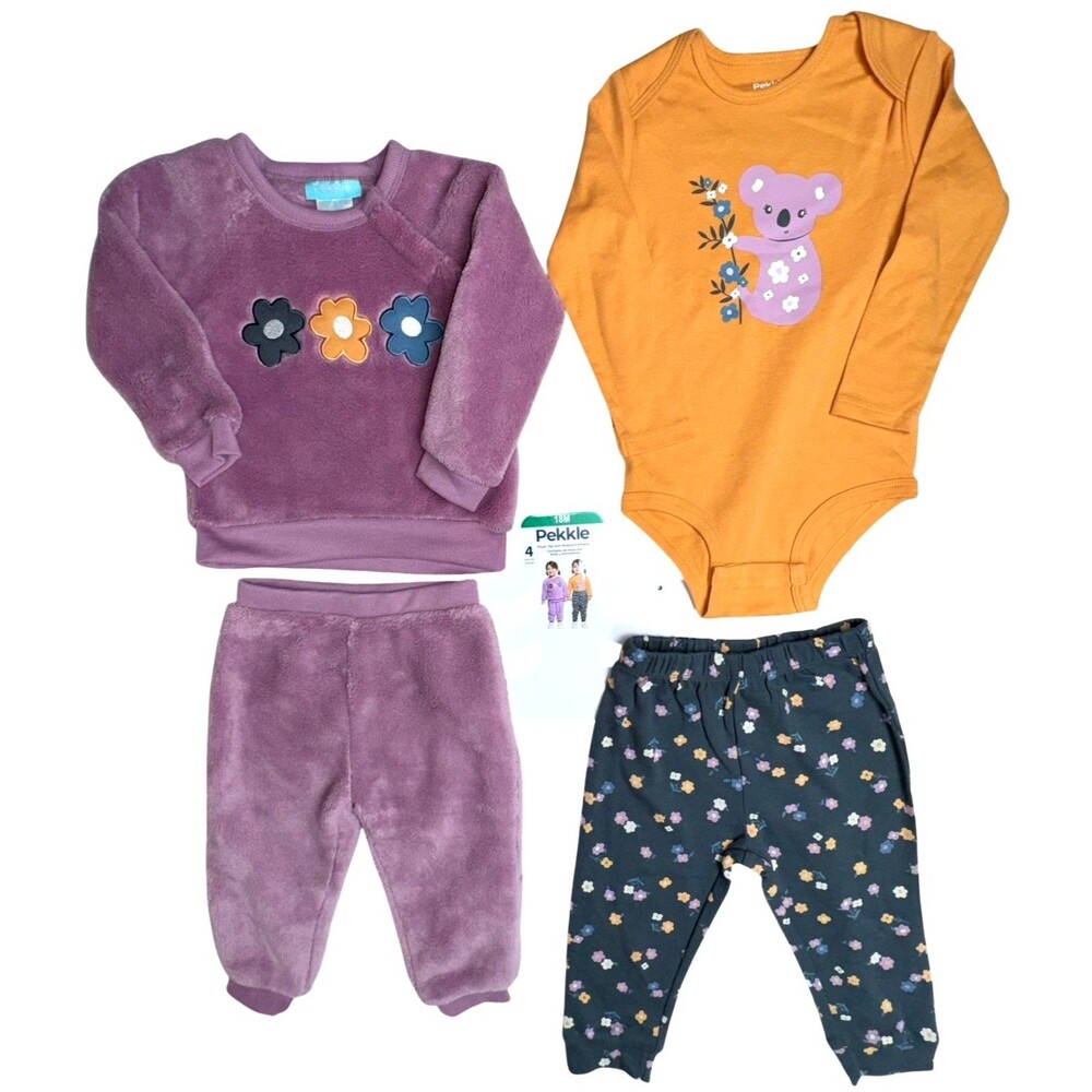 Pekkle Infant Girls 18 Month 4 Piece Set Flower Plush Top Bodysuit Pants New 18M